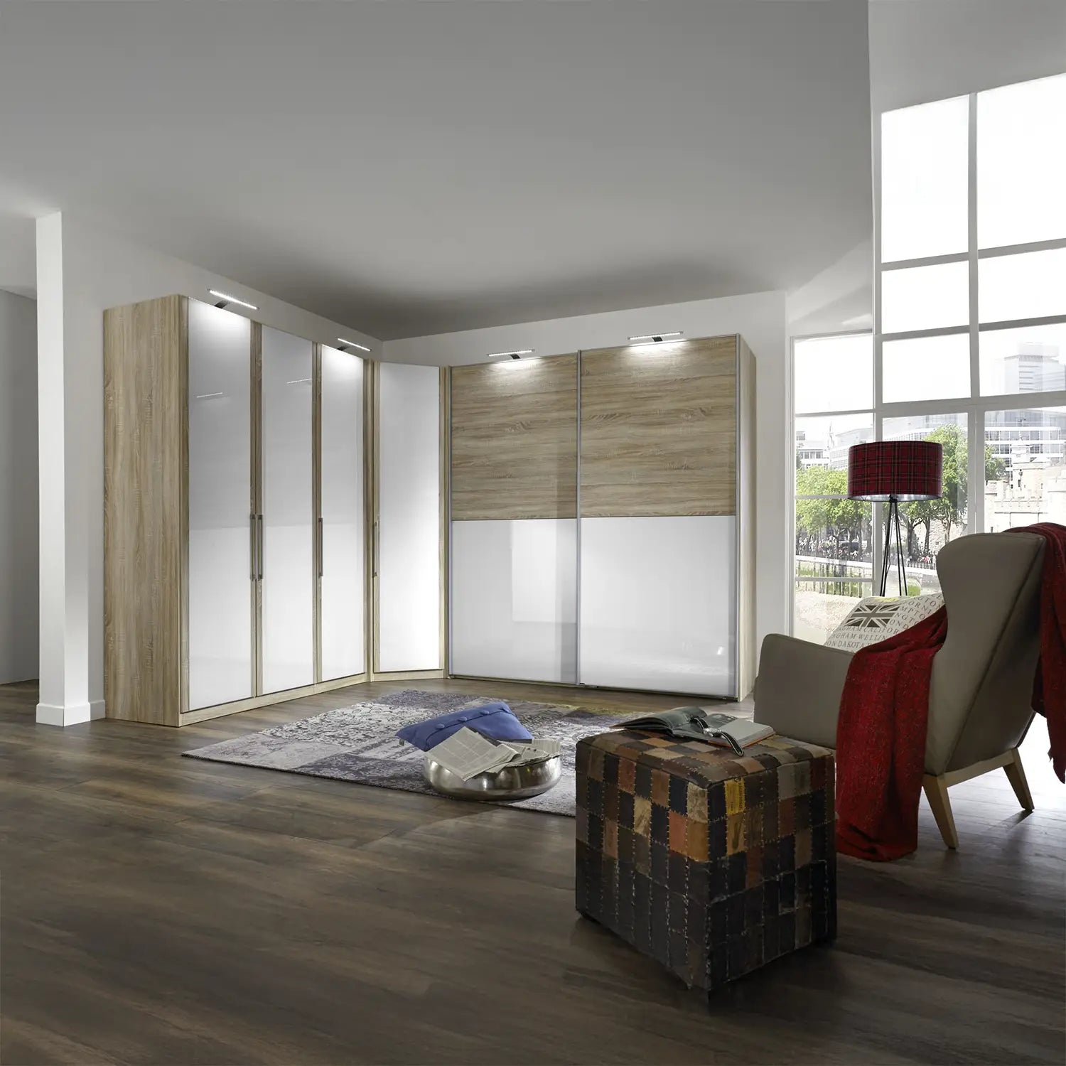 Bristol Oak & White Glass Front Large Corner Wardrobe 
