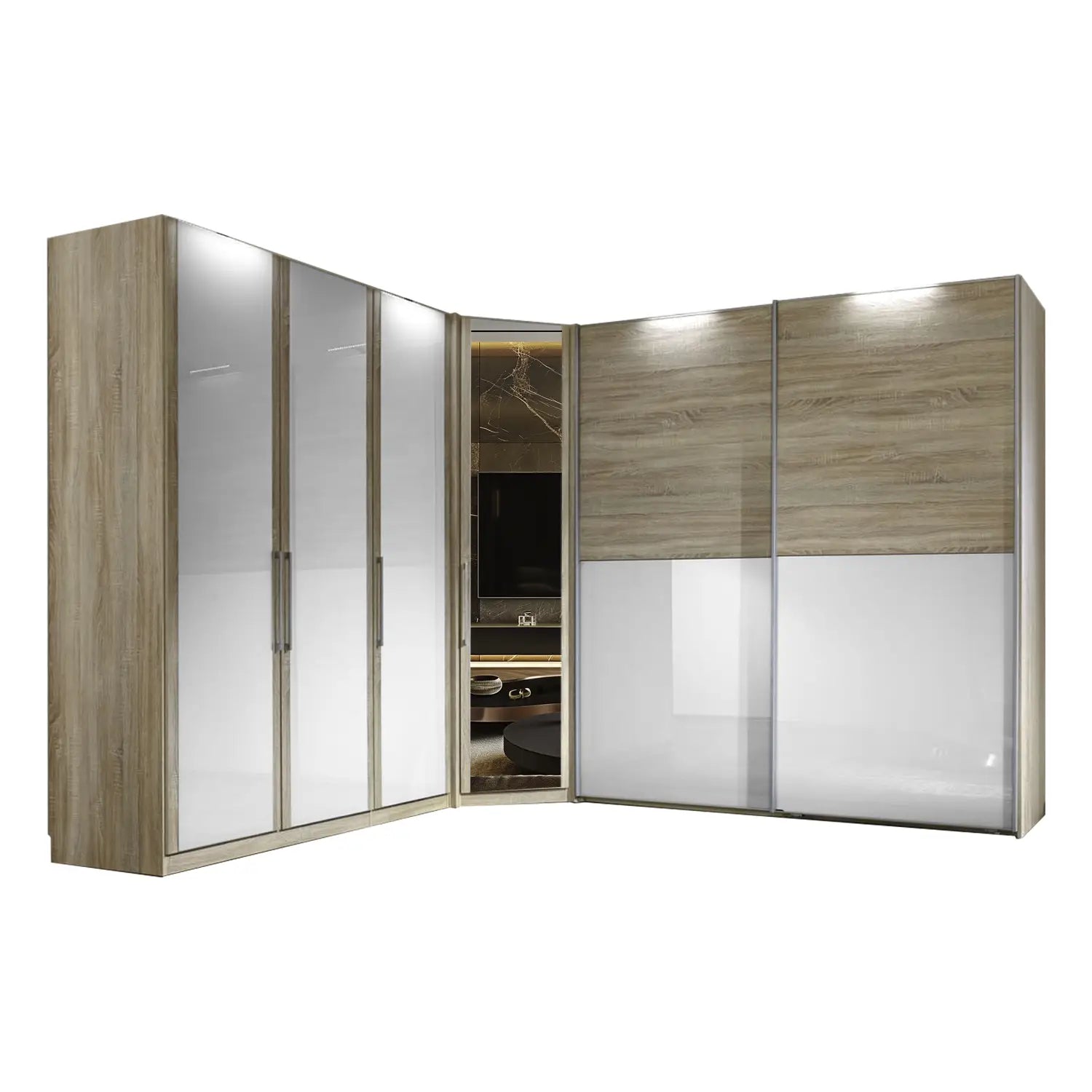 Bristol Oak & White Glass Front Large Corner Wardrobe 