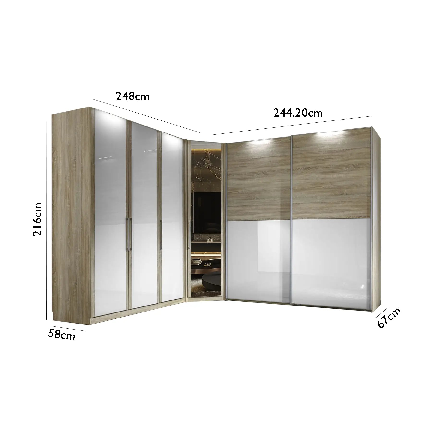 Bristol Oak & White Glass Front Large Corner Wardrobe 