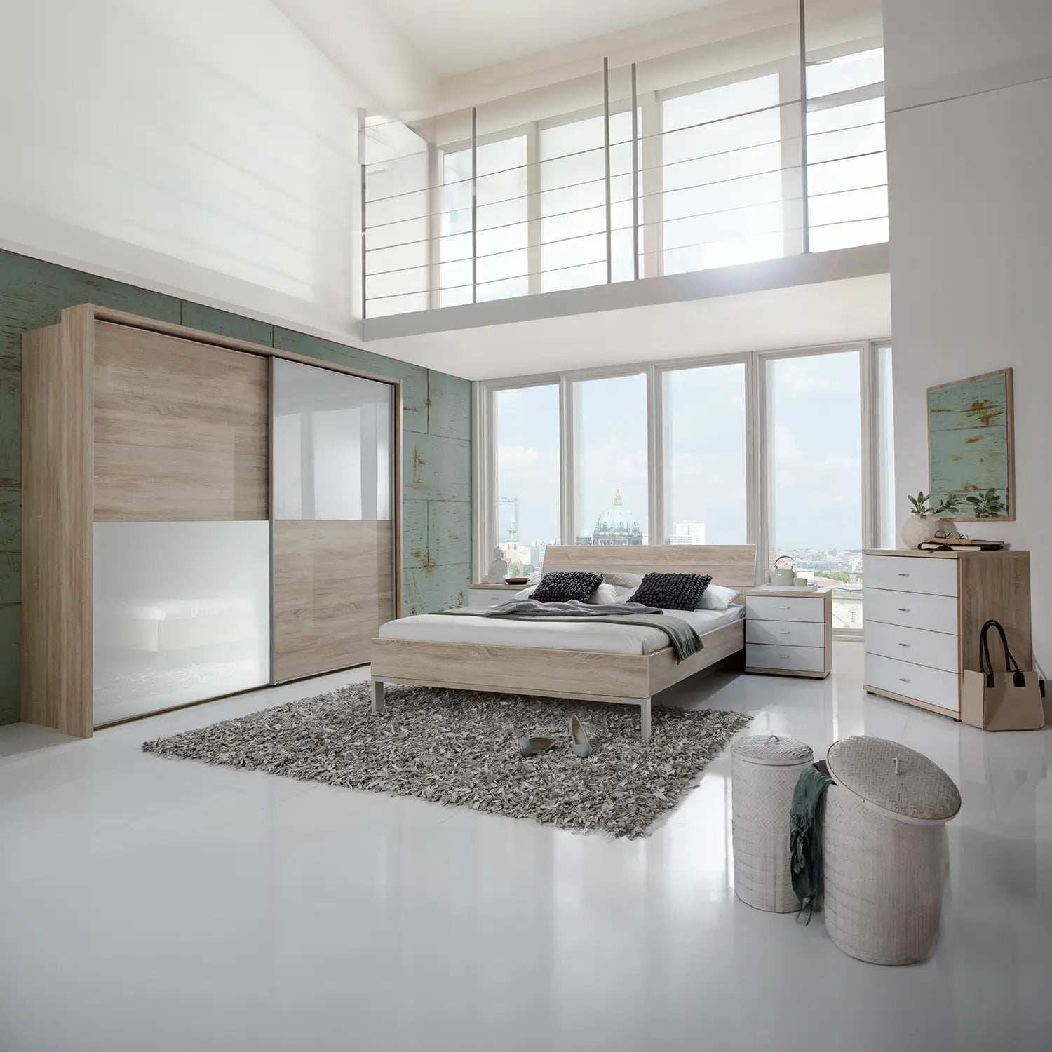 Wiemann Bristol Oak and White Glass Sliding Door Wardrobe 