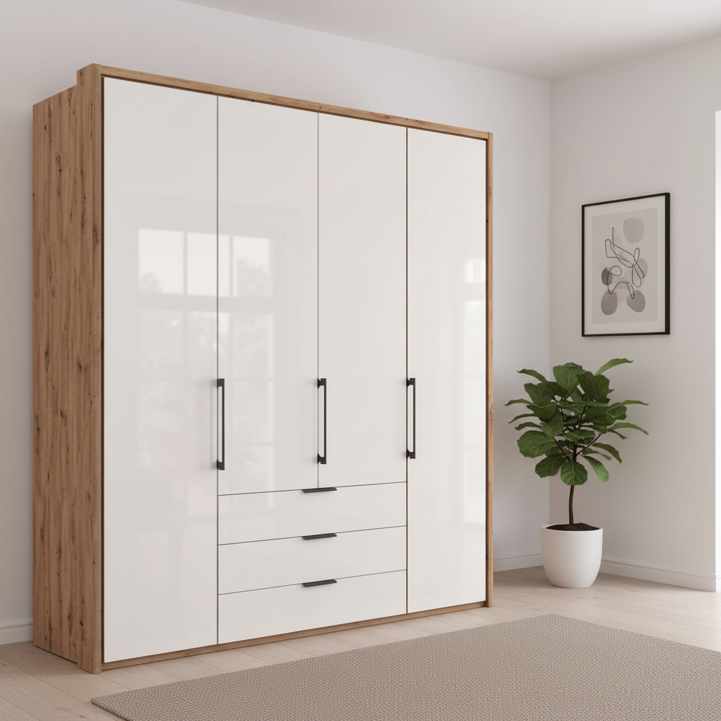 Wiemann Saka 200cm bi-fold wardrobe with 4 glass doors and 3 glass drawers