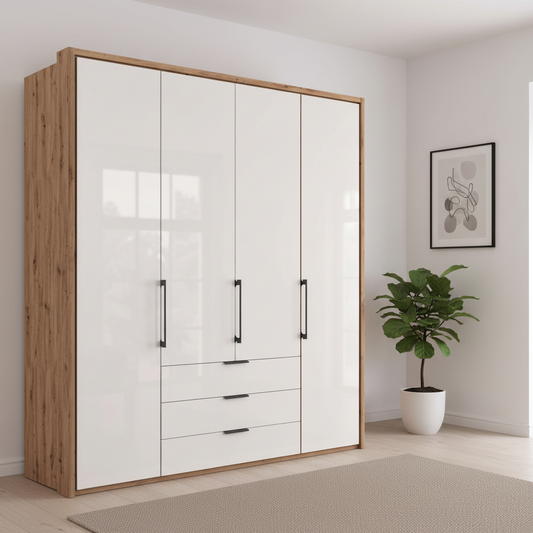 Wiemann Saka 200cm bi-fold wardrobe with 4 glass doors and 3 glass drawers