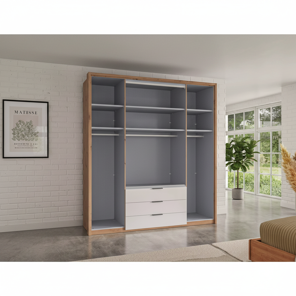 Contemporary Saka wardrobe with glass bi-fold doors and drawers