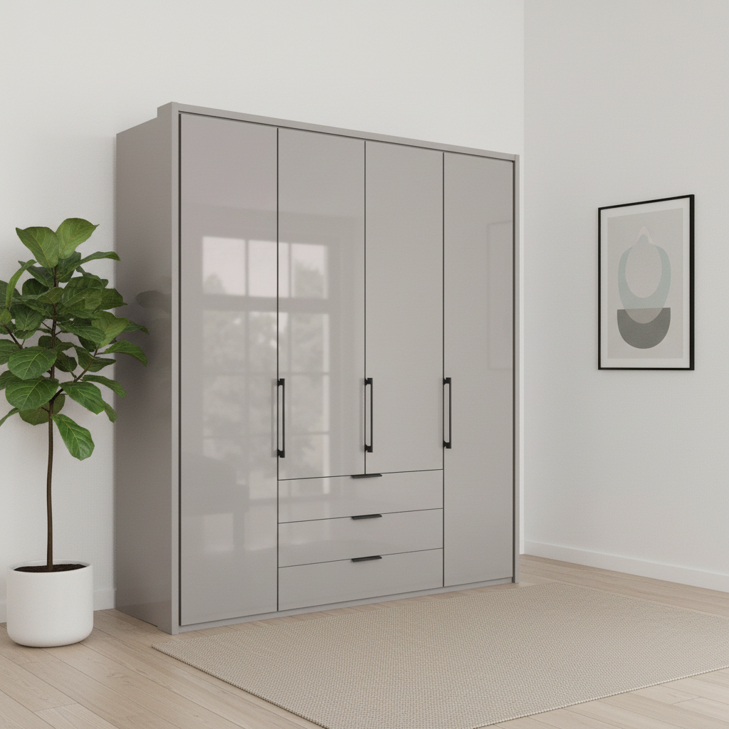 Wiemann Saka 200cm Bi-Fold Wardrobe With 4 Glass Doors & 3 Glass Drawers in Pebble Grey styled in a modern room