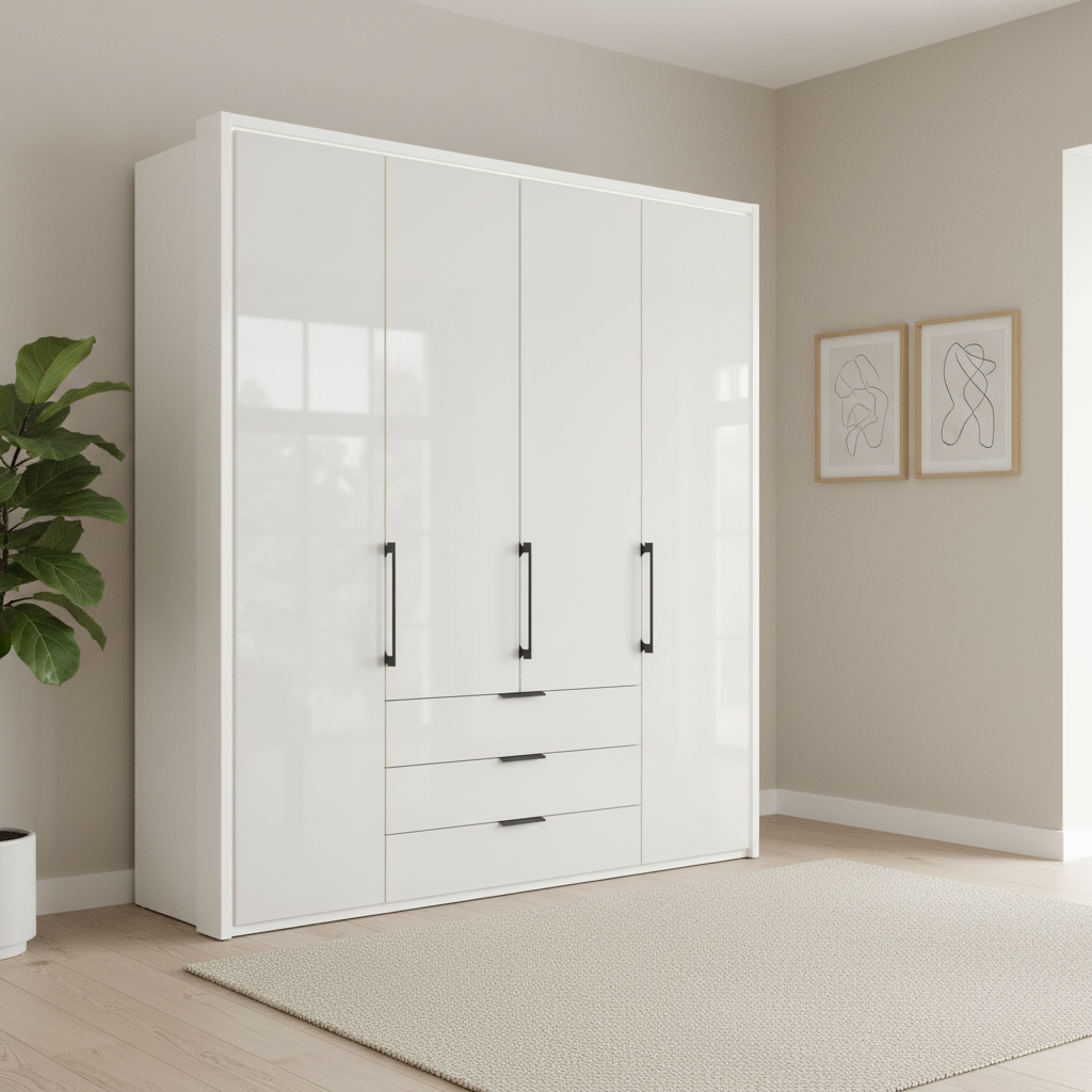 Wiemann Saka 200cm Bi-Fold Wardrobe With 4 Glass Doors & 3 Glass Drawers in White styled in a modern room