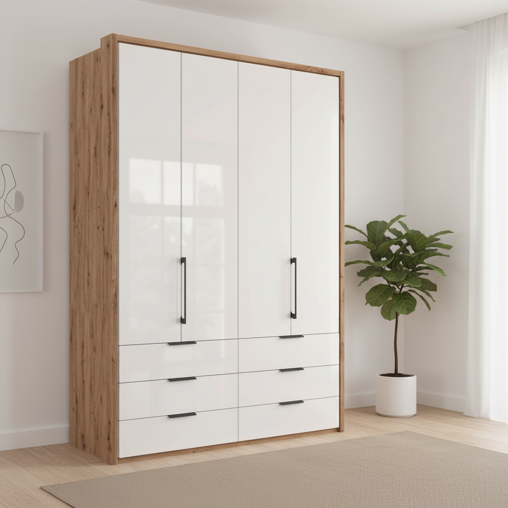 Wiemann Saka 200cm bi-fold wardrobe with 4 glass doors and 3 drawers