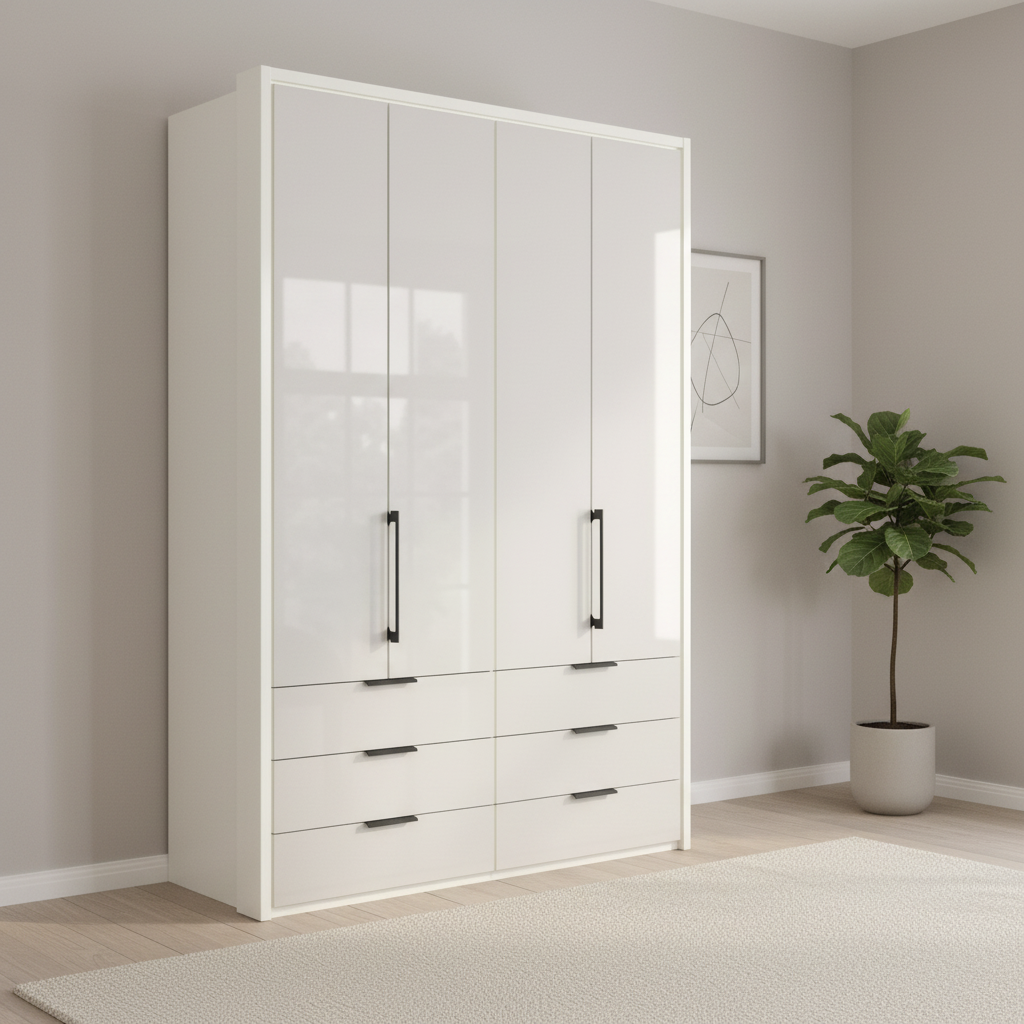 Wiemann Saka 200cm Bi-Fold Wardrobe With 4 Glass Doors & 3 Glass Drawers with White Carcase
