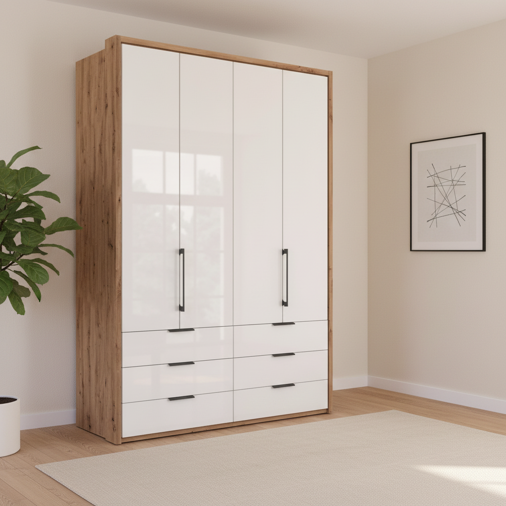Wiemann Saka 150cm bi-fold wardrobe with 4 glass doors and 6 drawers