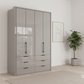 Wiemann Saka 150cm Bi-Fold Wardrobe With 4 Glass Doors & 6 Glass Drawers with Pebble Grey Carcase