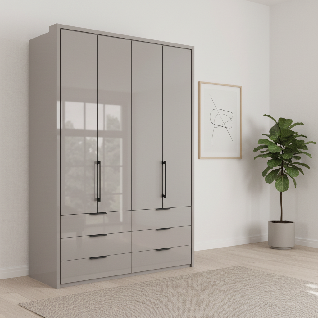 Wiemann Saka 150cm Bi-Fold Wardrobe With 4 Glass Doors & 6 Glass Drawers with Pebble Grey Carcase