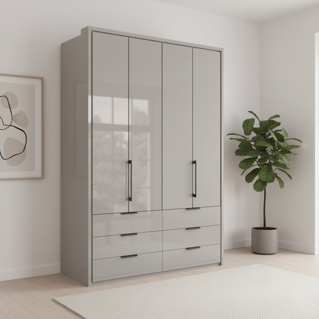 Wiemann Saka 200cm Bi-Fold Wardrobe With 4 Glass Doors & 3 Glass Drawers with Pebble Grey Carcase