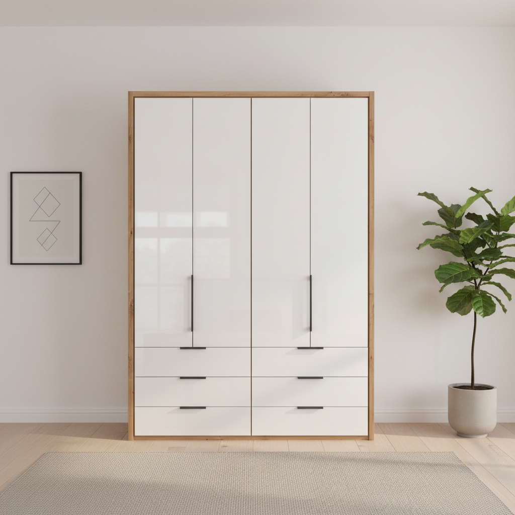 Saka combi wardrobe with glass drawers and bi-fold doors