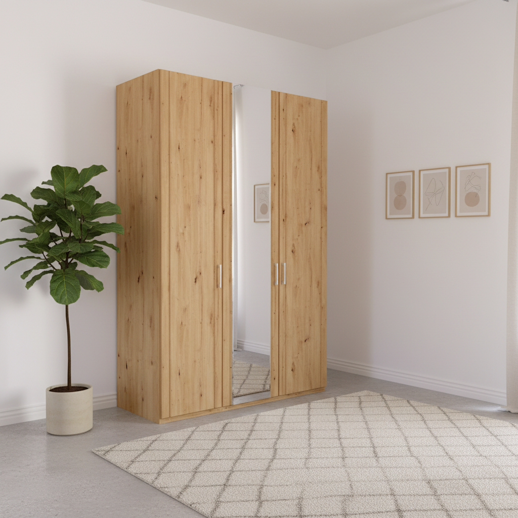 Wooden wardrobe with mirrored door in a room with a plant and framed pictures on the wall.
