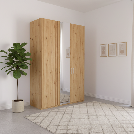 Wooden wardrobe with mirrored door in a room with a plant and framed pictures on the wall.