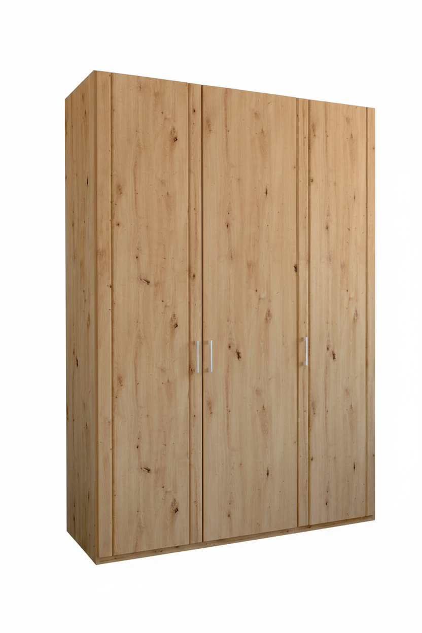 Wooden wardrobe with three doors on a white background