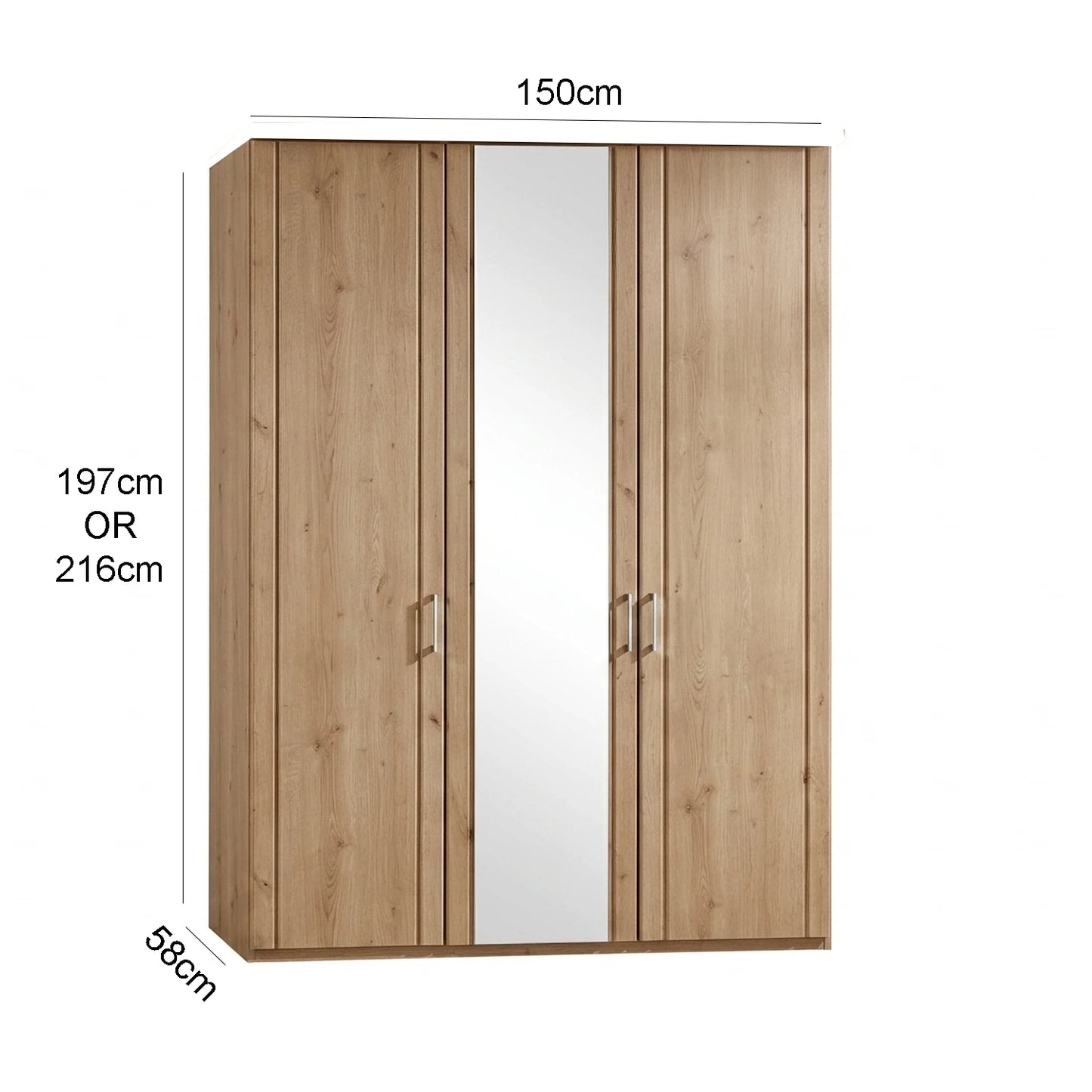 Brixton Oak Effect 3 Door Mirrored Wardrobe  and dimensions on a white background