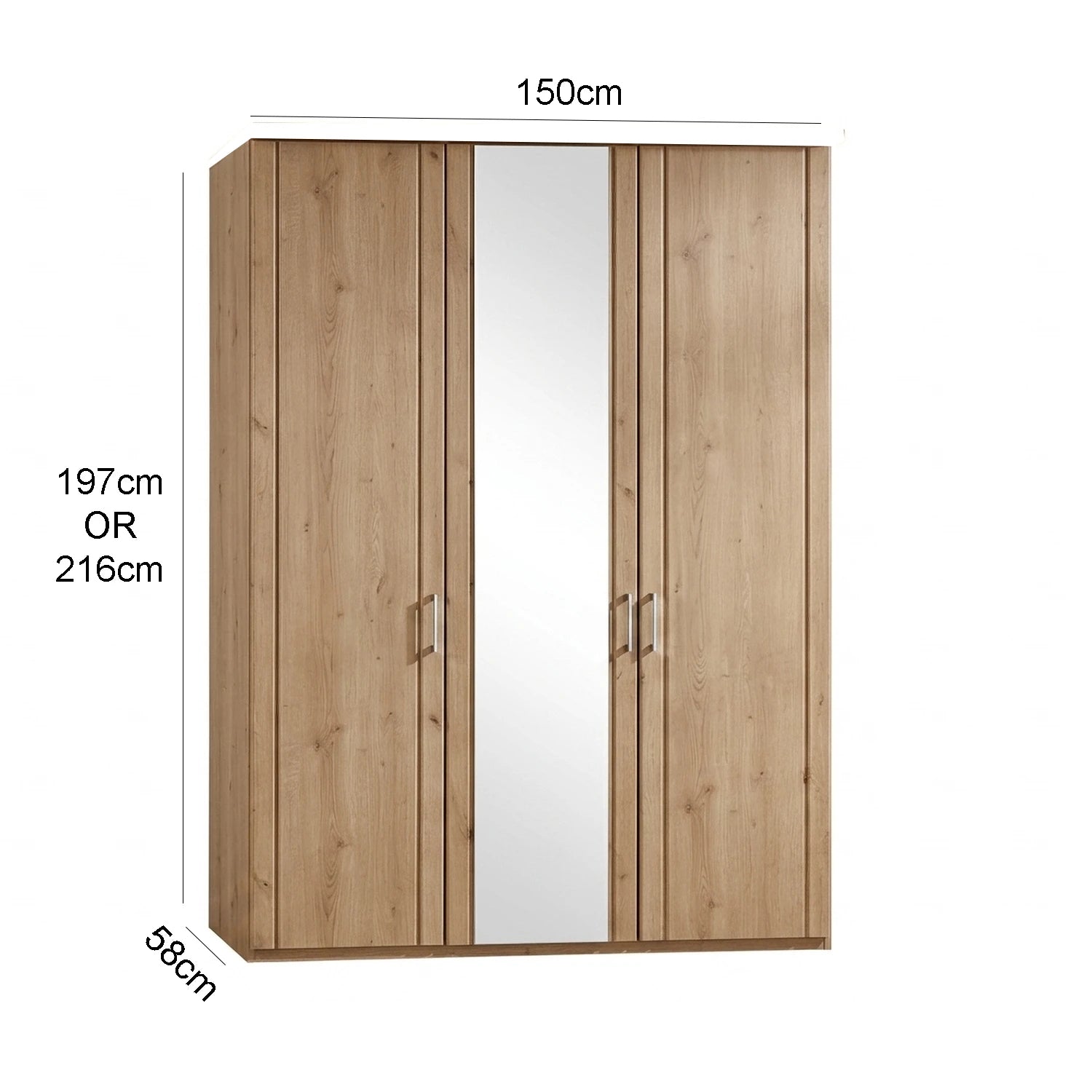 Brixton Oak Effect 3 Door Mirrored Wardrobe  and dimensions on a white background