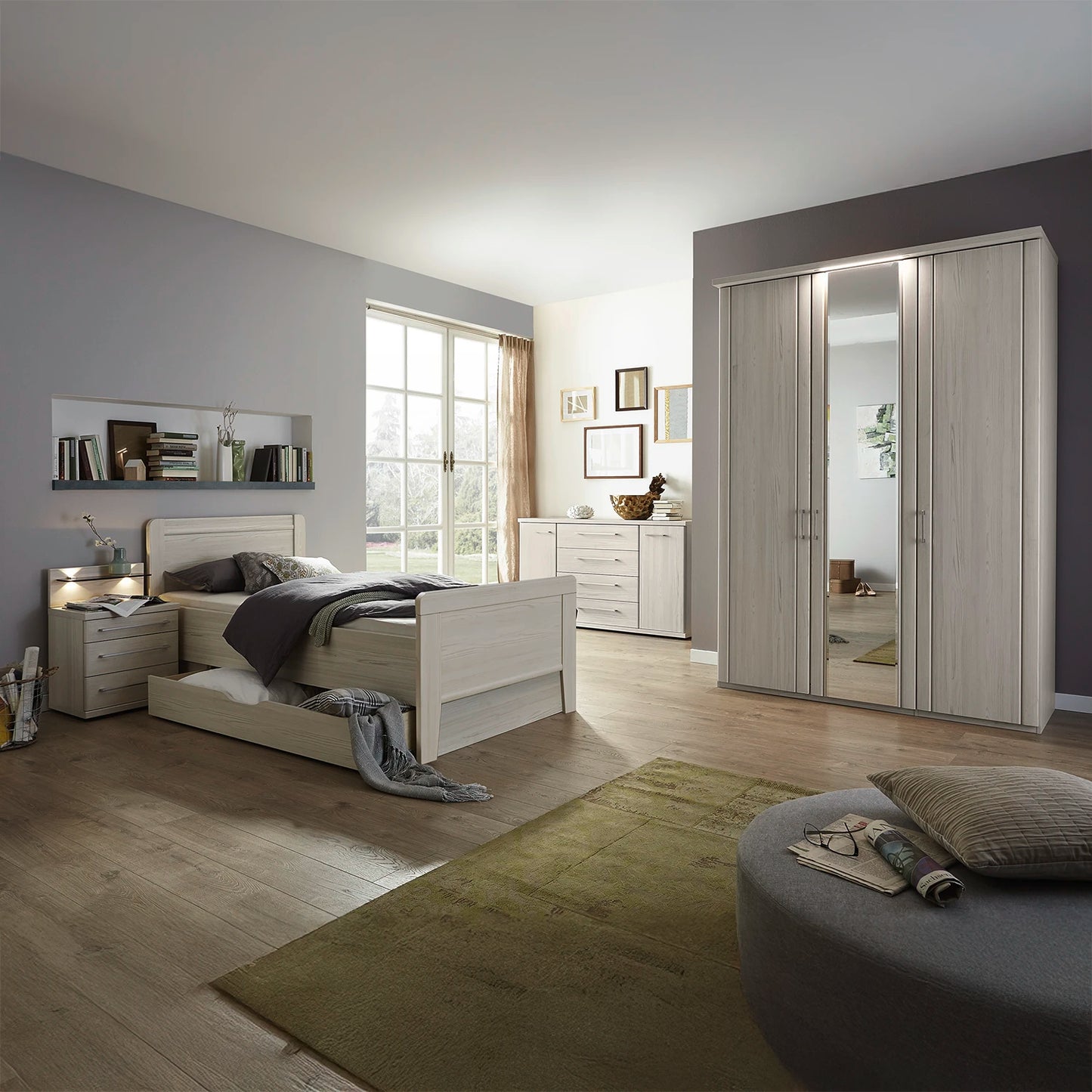 Brixton Polar Larch  Effect 3 Door Mirrored Wardrobe and Bedroom Furniture