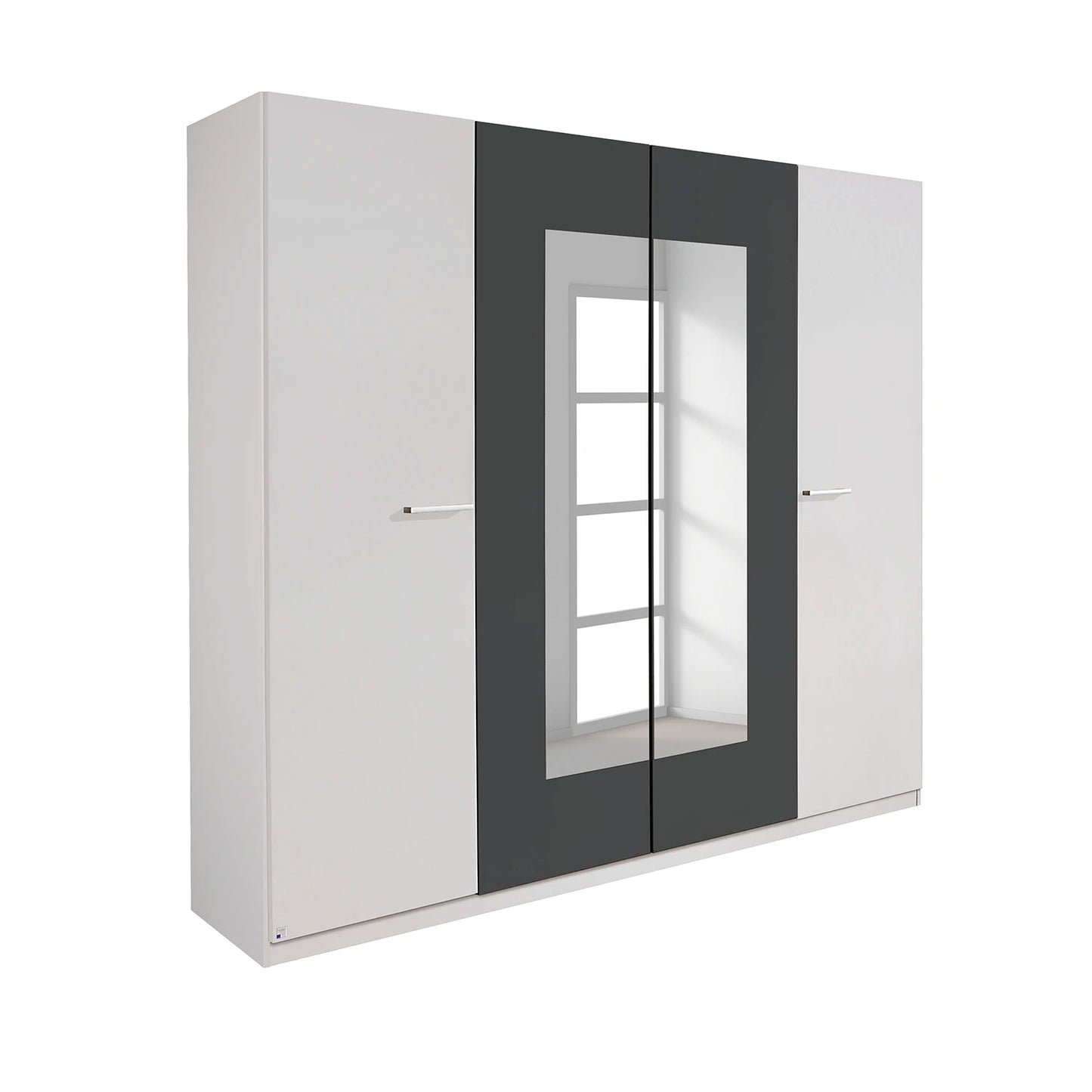 Bobi White 4 Door Wardrobe with Metallic Grey Centre & Mirror Panels – W181cm