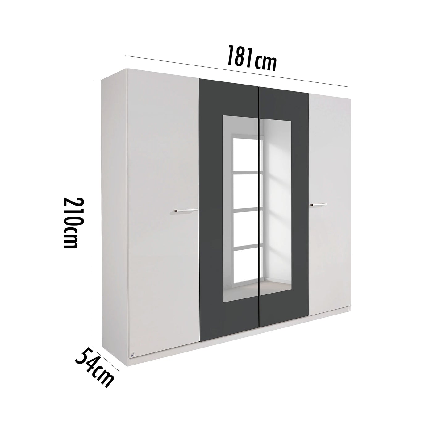 Bobi White 4 Door Wardrobe with Metallic Grey Centre & Mirror Panels – W181cm