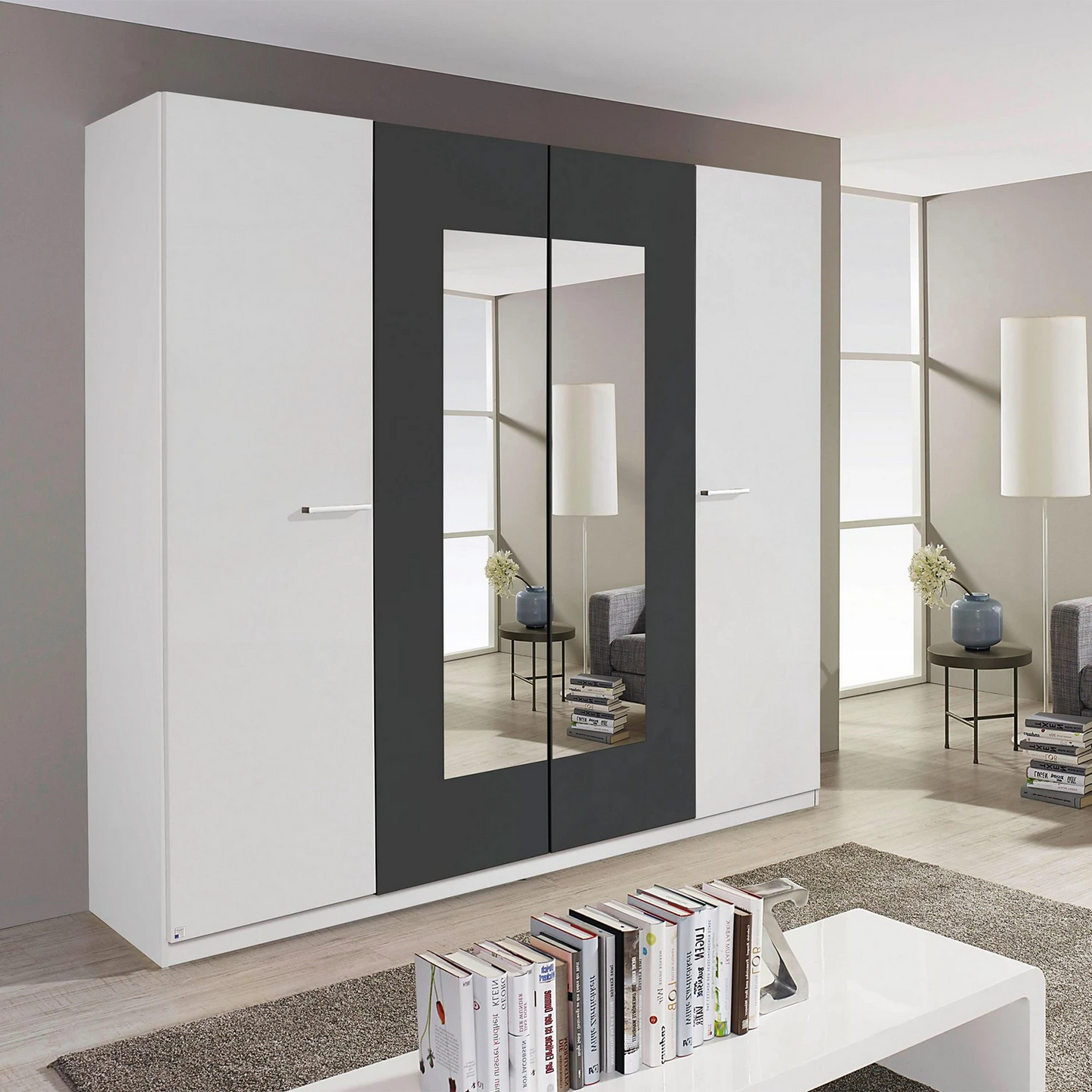 Bobi White 4 Door Wardrobe with Metallic Grey Centre & Mirror Panels – W181cm