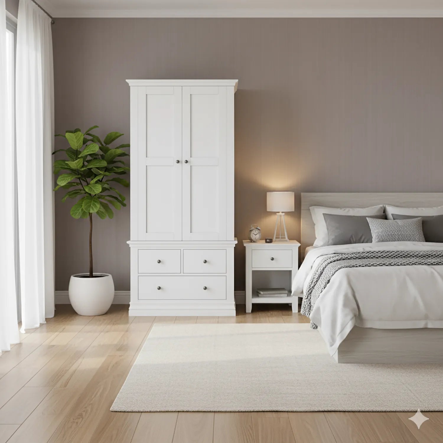 White Gents Wooden Wardrobe Classic Style, styled in a room