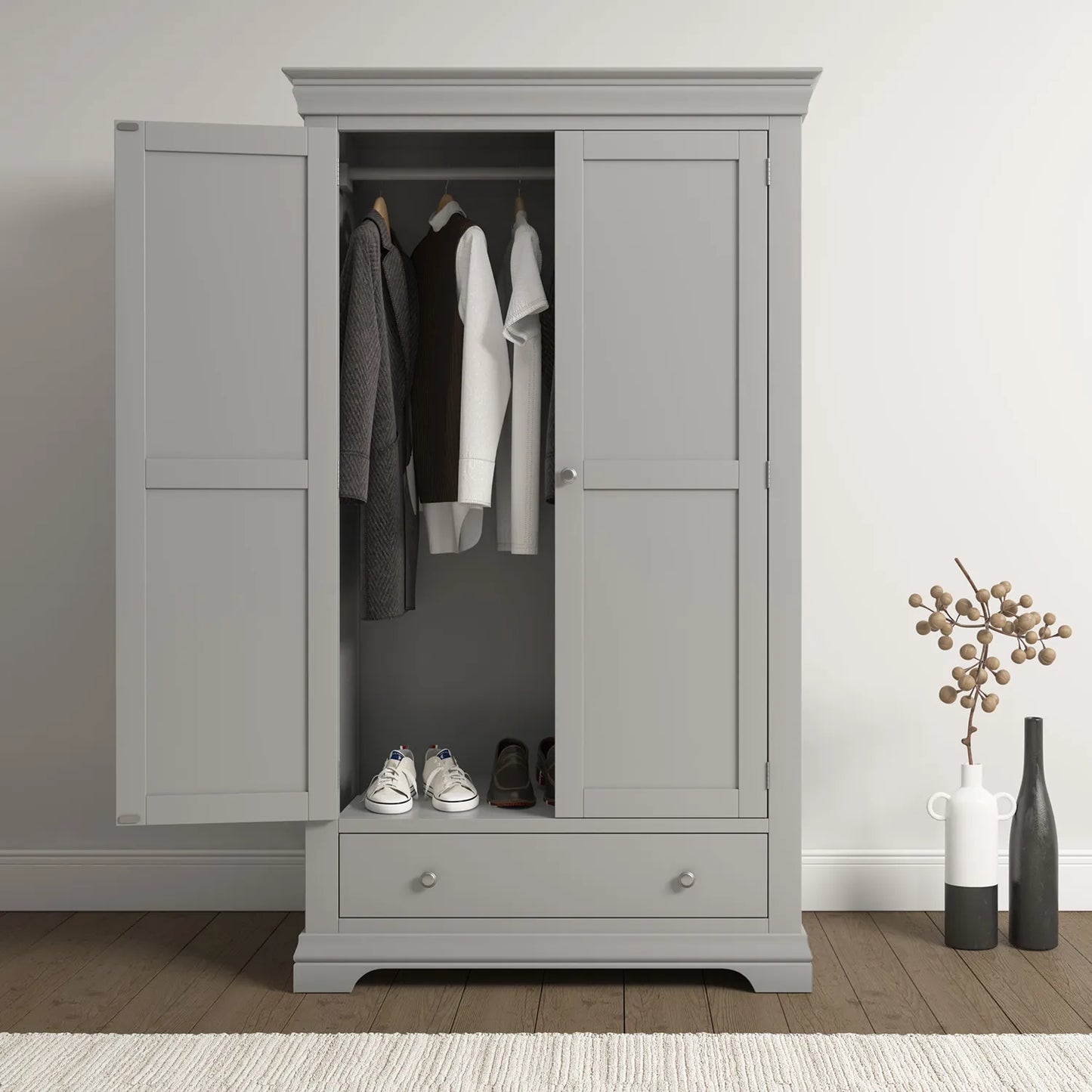 Bordeaux Pebble Grey Double Gents Wardrobe with Drawer - Home Of Wardrobes