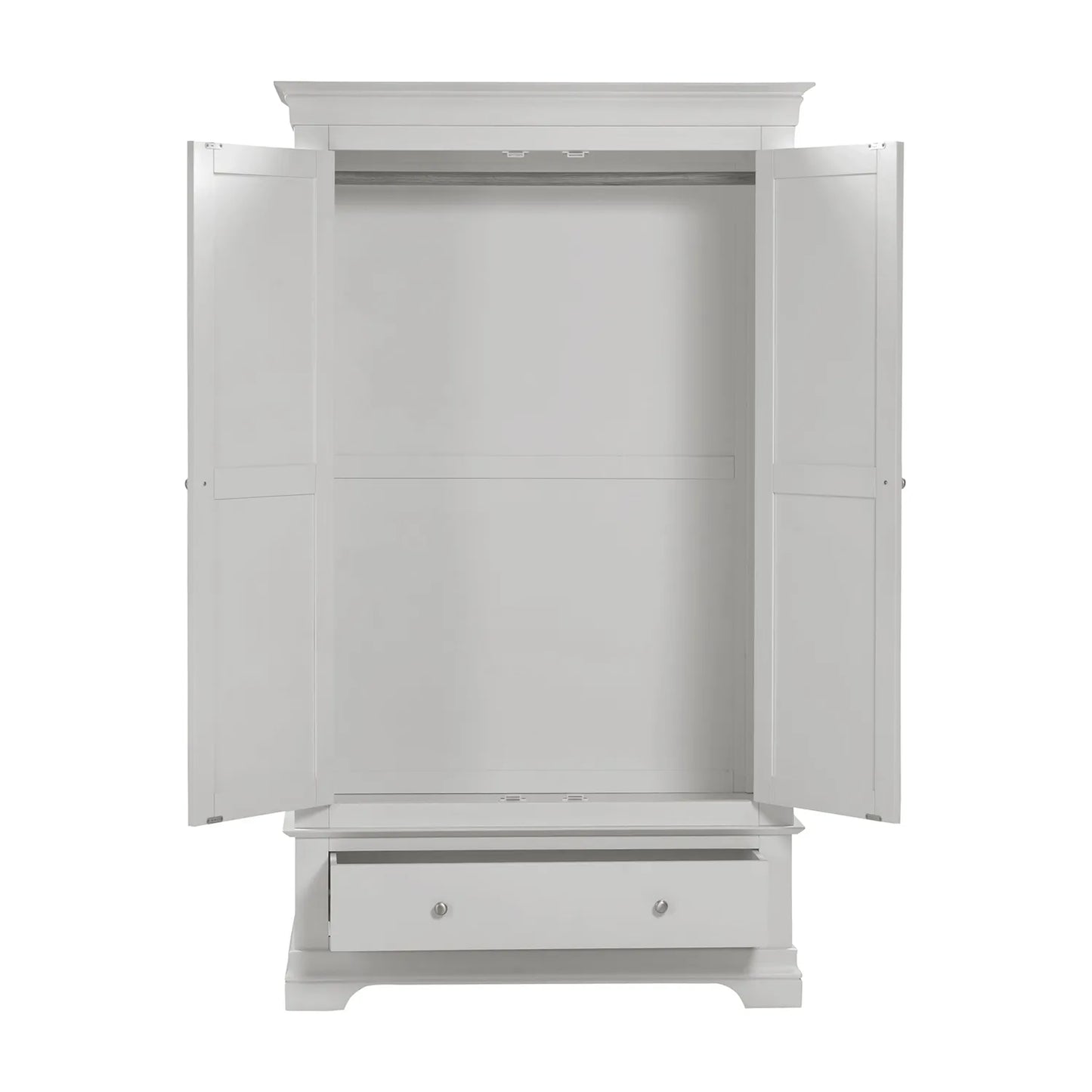 Open Doors view of Bordeaux Pebble Grey Double Gents Wardrobe with Drawer 