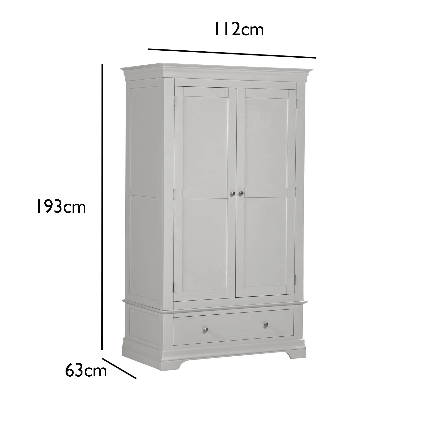 Bordeaux Pebble Grey Double Gents Wardrobe with Drawer  with Dimensions on white Background