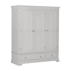 Bordeaux Pebble Grey Triple Wardrobe with 2 Drawers – classic painted finish, dovetail drawers & elegant design. Matching bedroom furniture available. Free UK delivery.