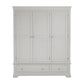 Gray wardrobe with three doors and two drawers on a white background