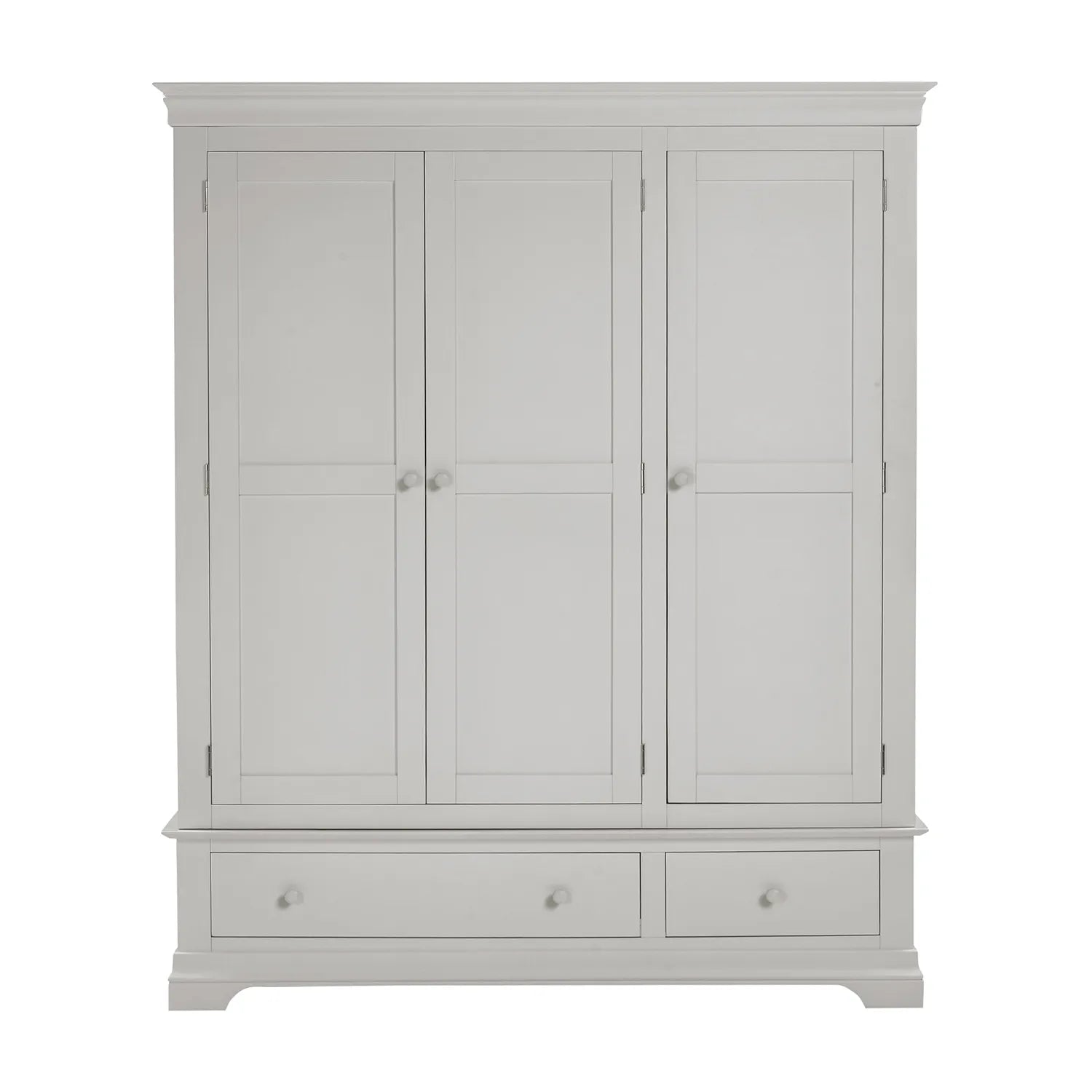 Gray wardrobe with three doors and two drawers on a white background