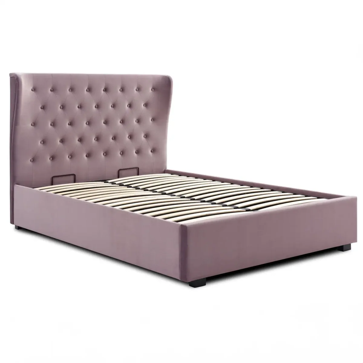 Bristol Heather Velvet Ottoman Bed with wingback headboard and end or side lift storage. Available in King and Super King. Luxury velvet bedroom centrepiece.