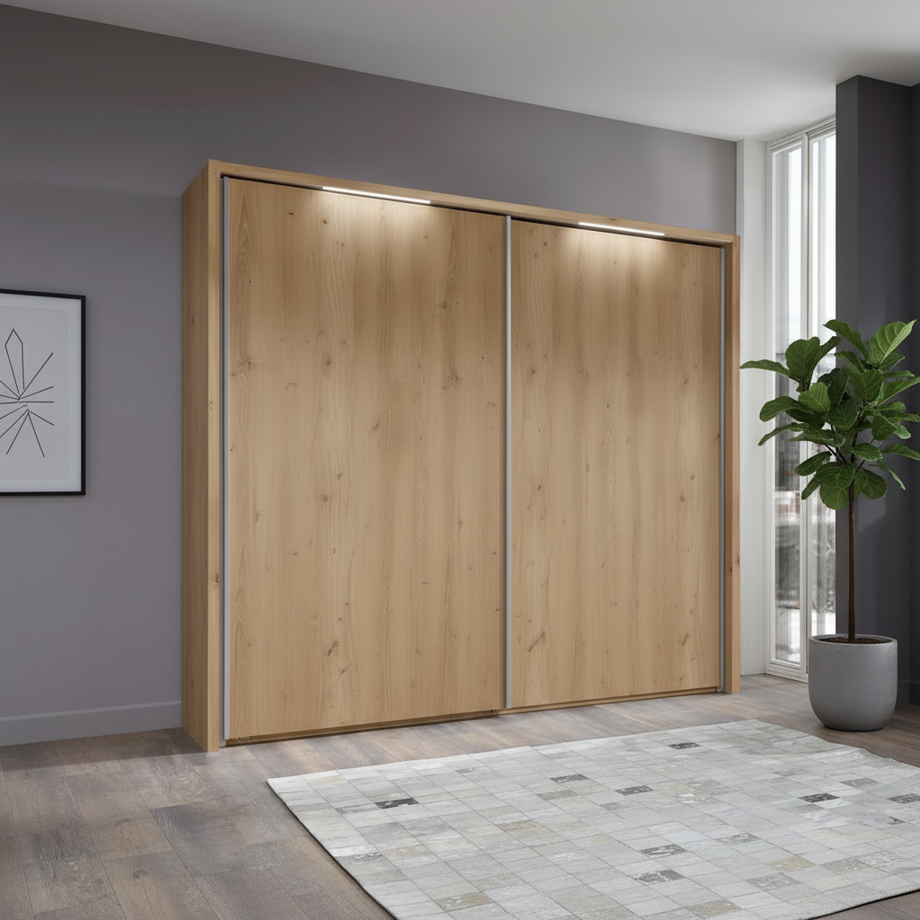 Wieman Brixton Wooden sliding wardrobe doors in a room with a plant and rug.