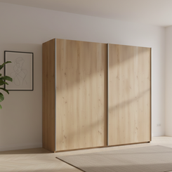 Wooden wardrobe in a minimalistic room with a plant and framed picture on the wall.