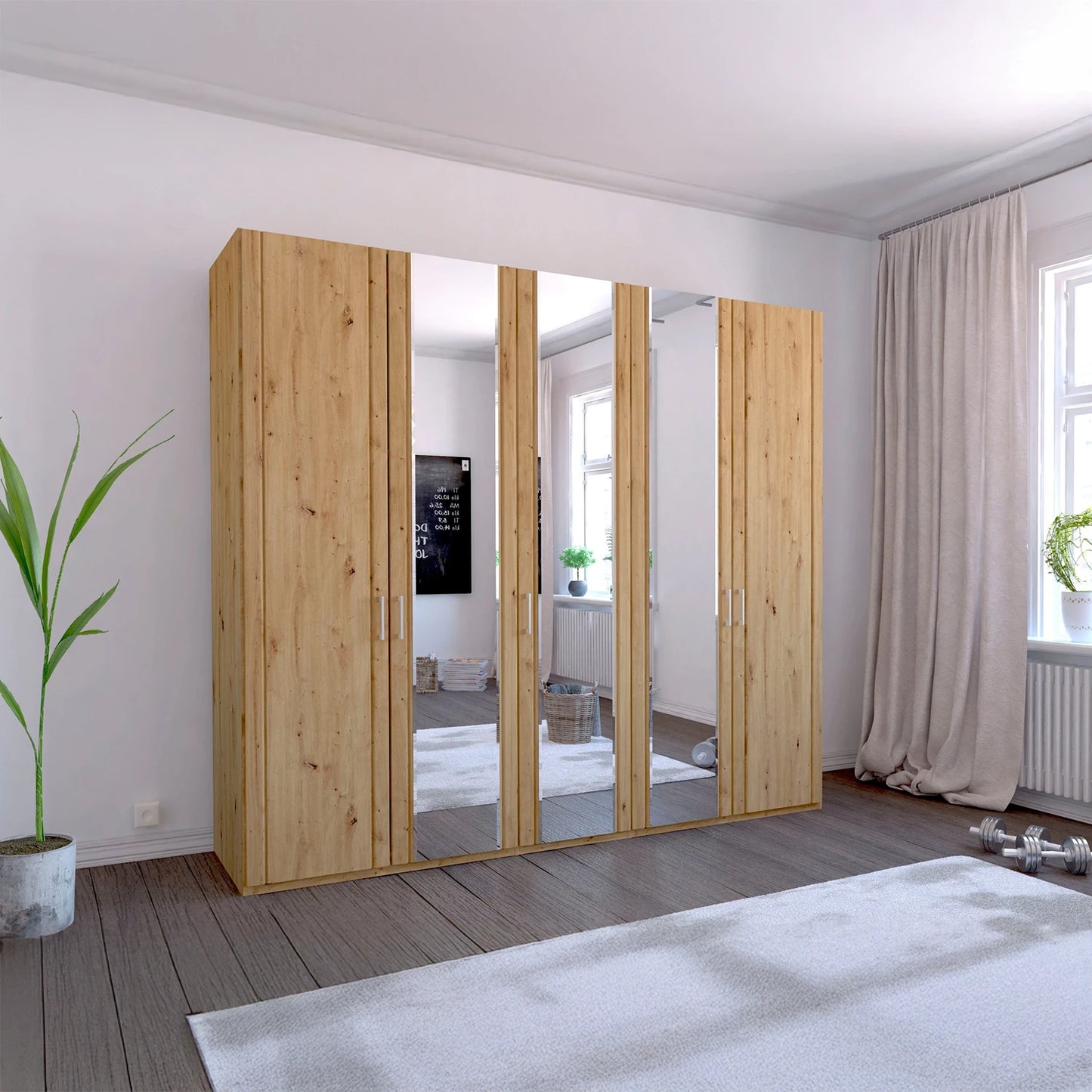 5 Door Wooden wardrobe with mirrored doors in a bedroom setting