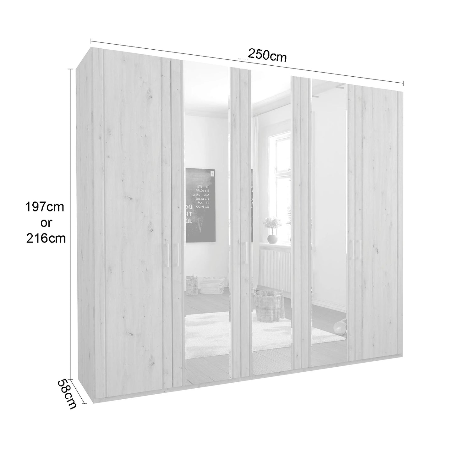 Measurement chart of a wardrobe with dimensions labeled on a white background
