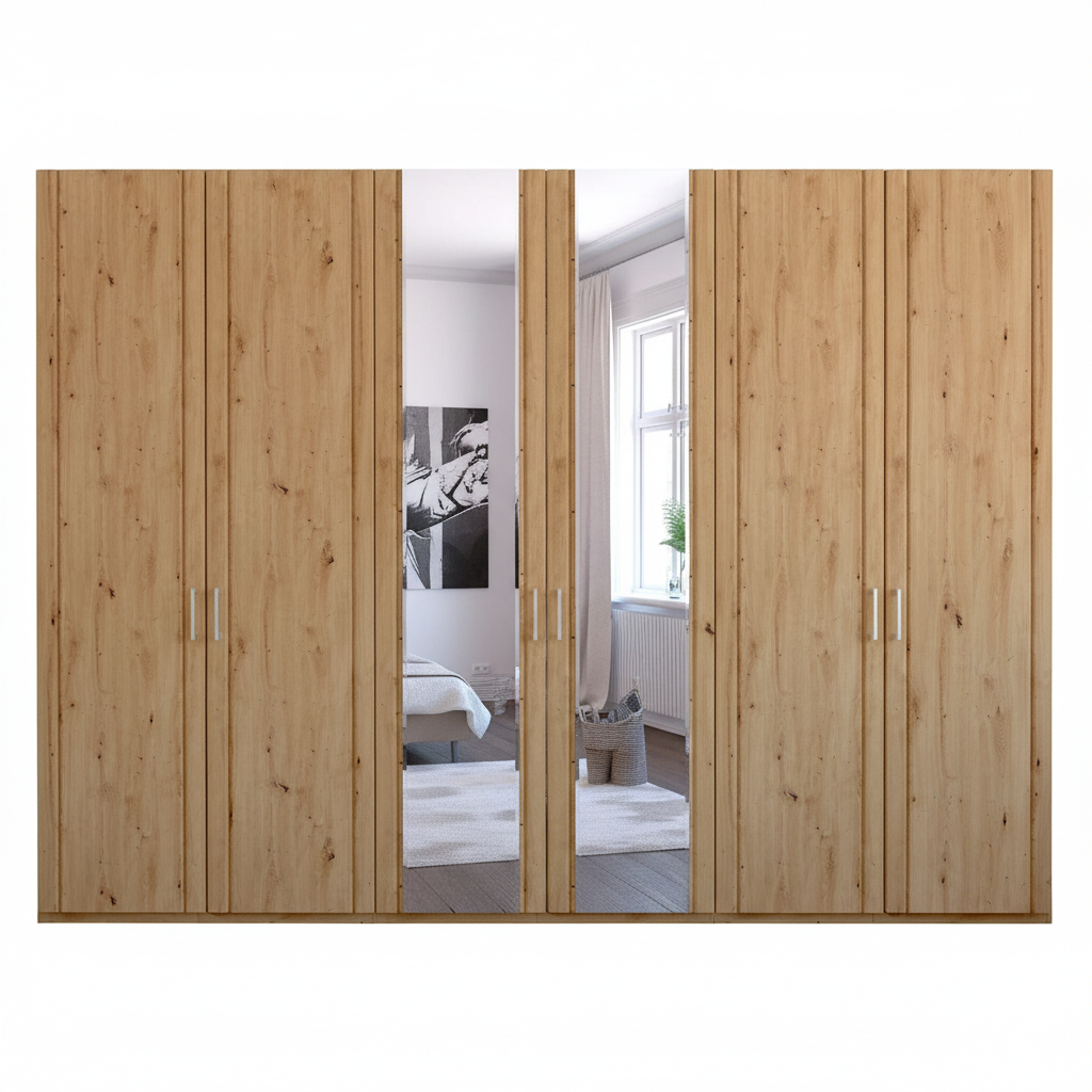 Wooden 6 door Hinged wardrobe with Mirror on Middle 2 Doors