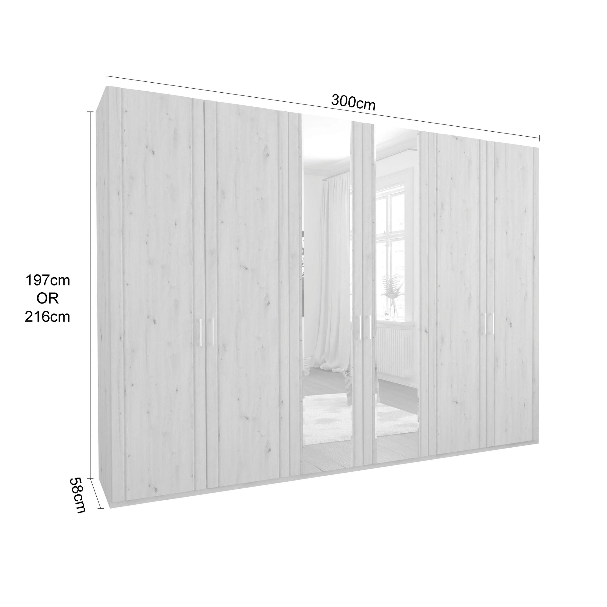 BrixtonPolar larch Effect 6 Door Mirrored Wardrobe W300cm with dimensions on a white background