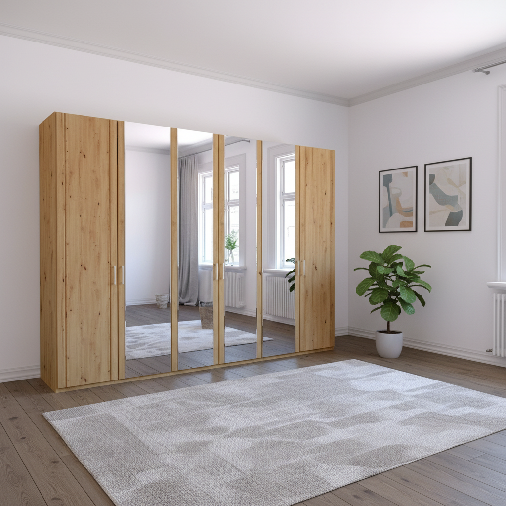 Large 300cm, 6 Door Wardrobe in Bianco Oak and Mirror front 