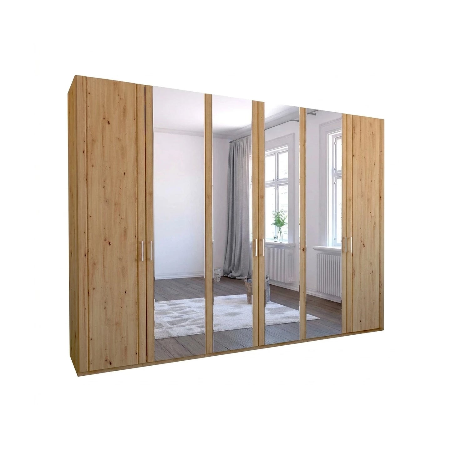 Large 6 Door Wooden wardrobe with mirror doors on a white background