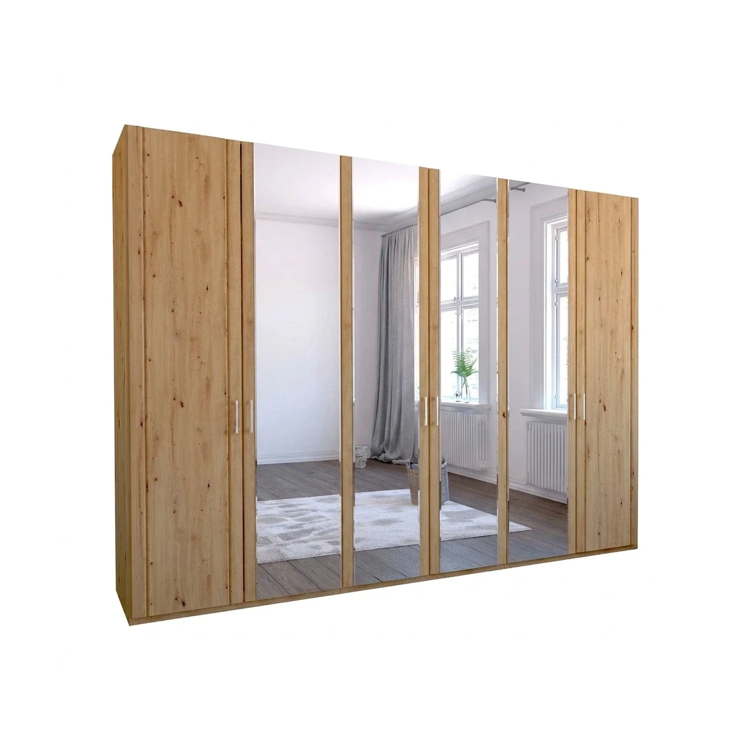 Large 6 Door Wooden wardrobe with mirror doors on a white background