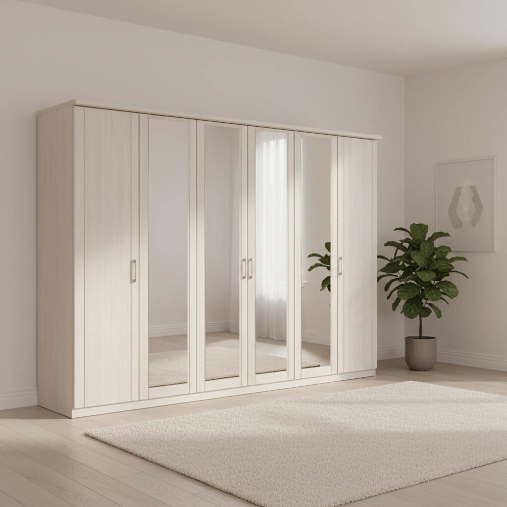 BrixtonPolar larch Effect 6 Door Mirrored Wardrobe with cornice – W300cm