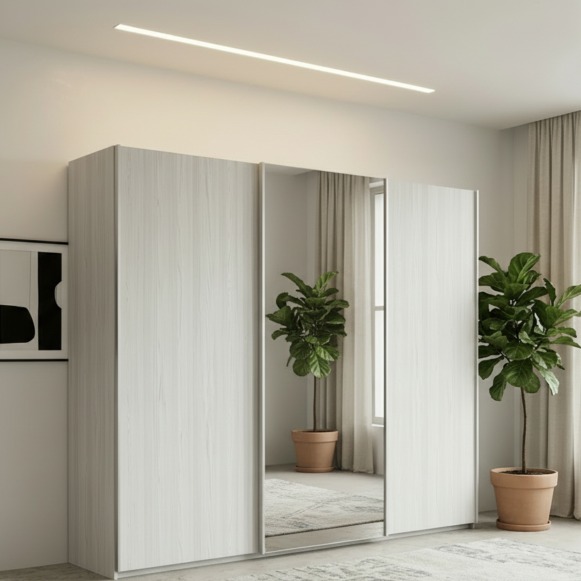 Wiemann Brixton Polar Larch Large 3 Door Sliding Wardrobe with Mirror White Oak