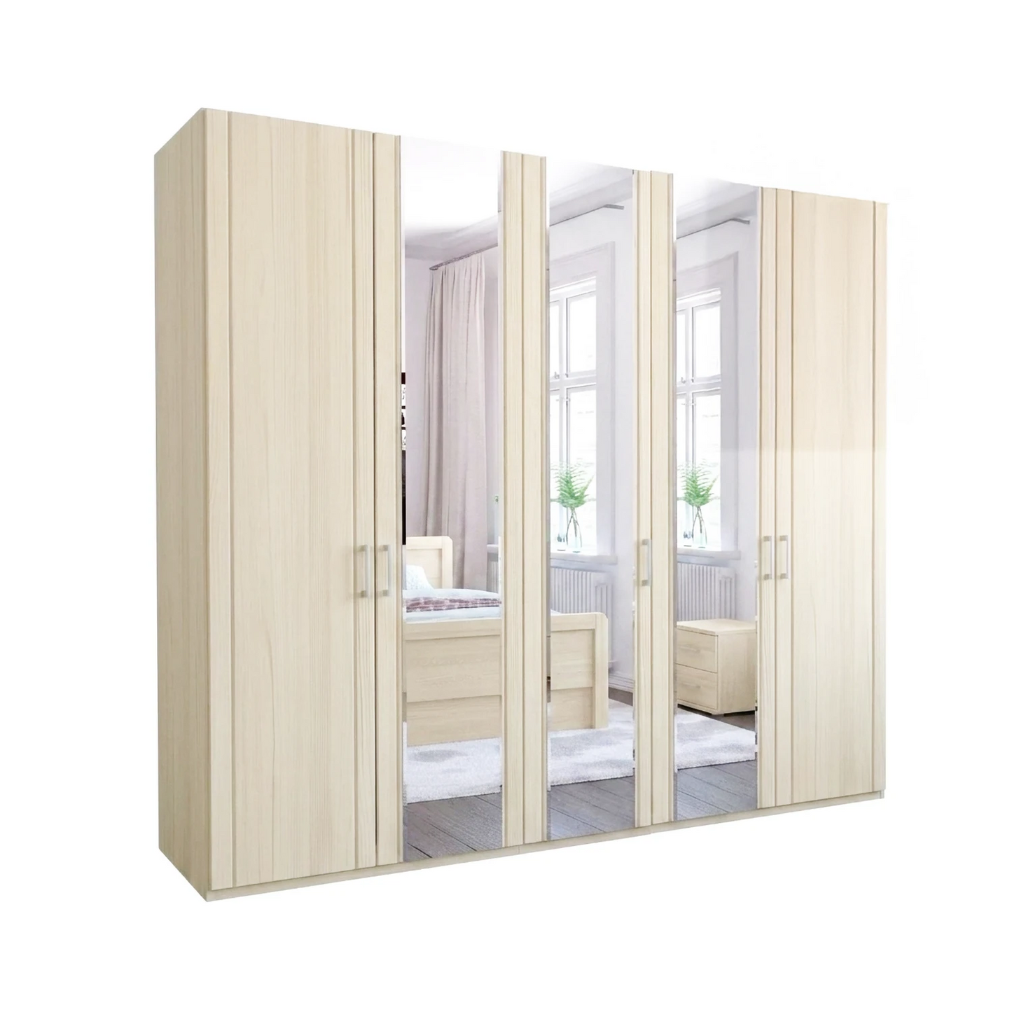 Beige wardrobe with mirrored doors on a white background