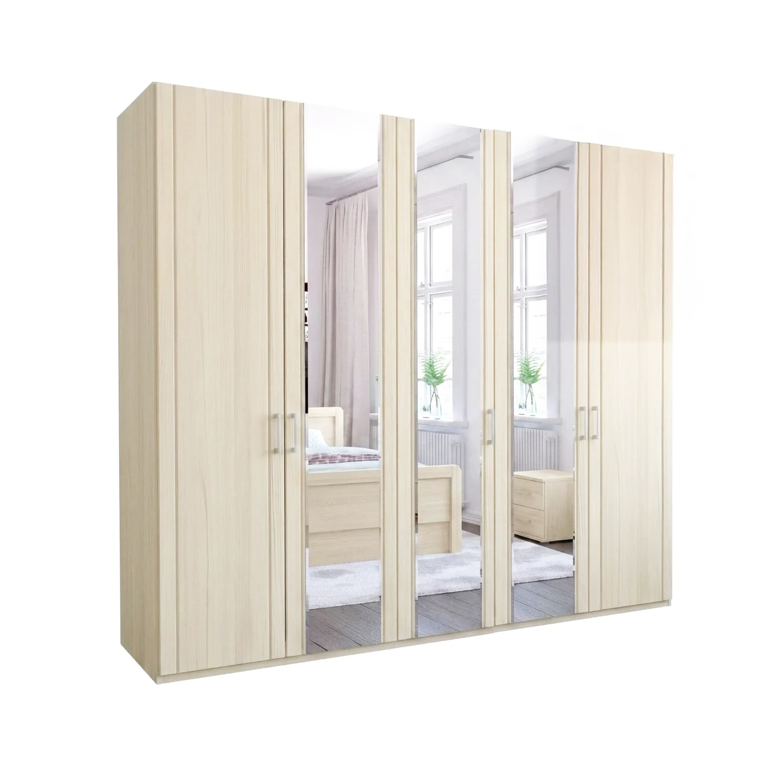 Beige wardrobe with mirrored doors on a white background
