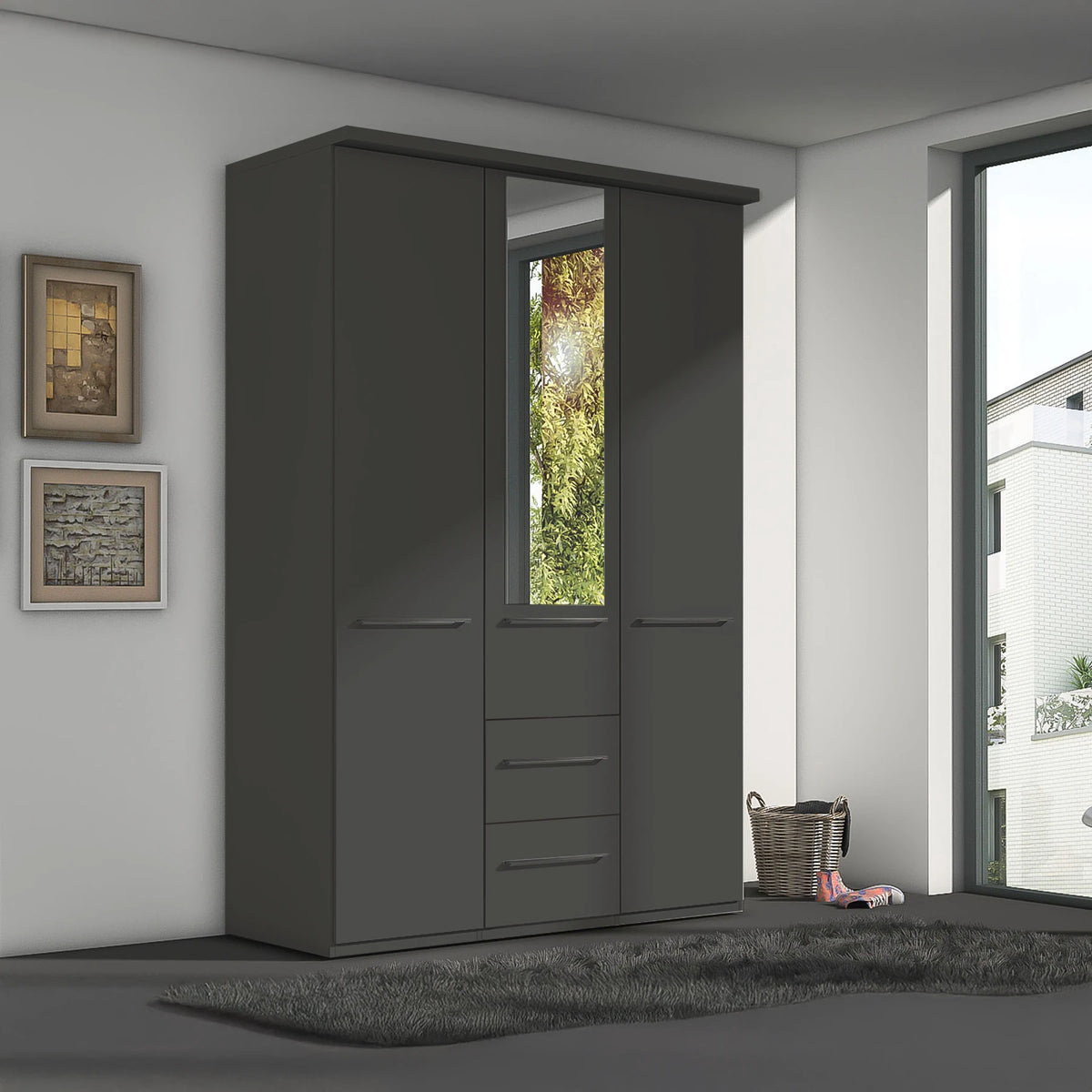 German-made Wiemann Cairns 3 door wardrobe with two drawers, 150cm wide. Five colours, optional mirror door. Free delivery.
