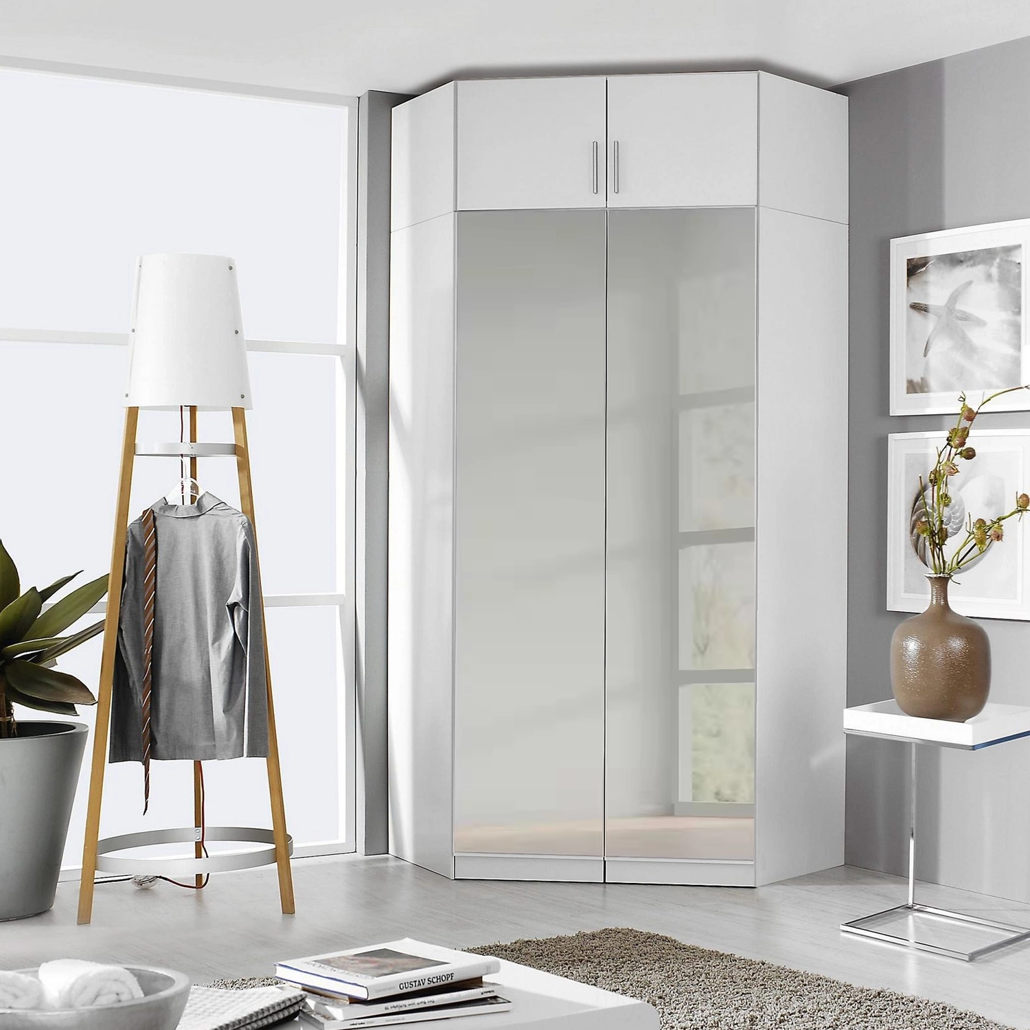 Rauch Celle White  2 Door Corner Wardrobe With Top Unit - Styled in a Bedroom