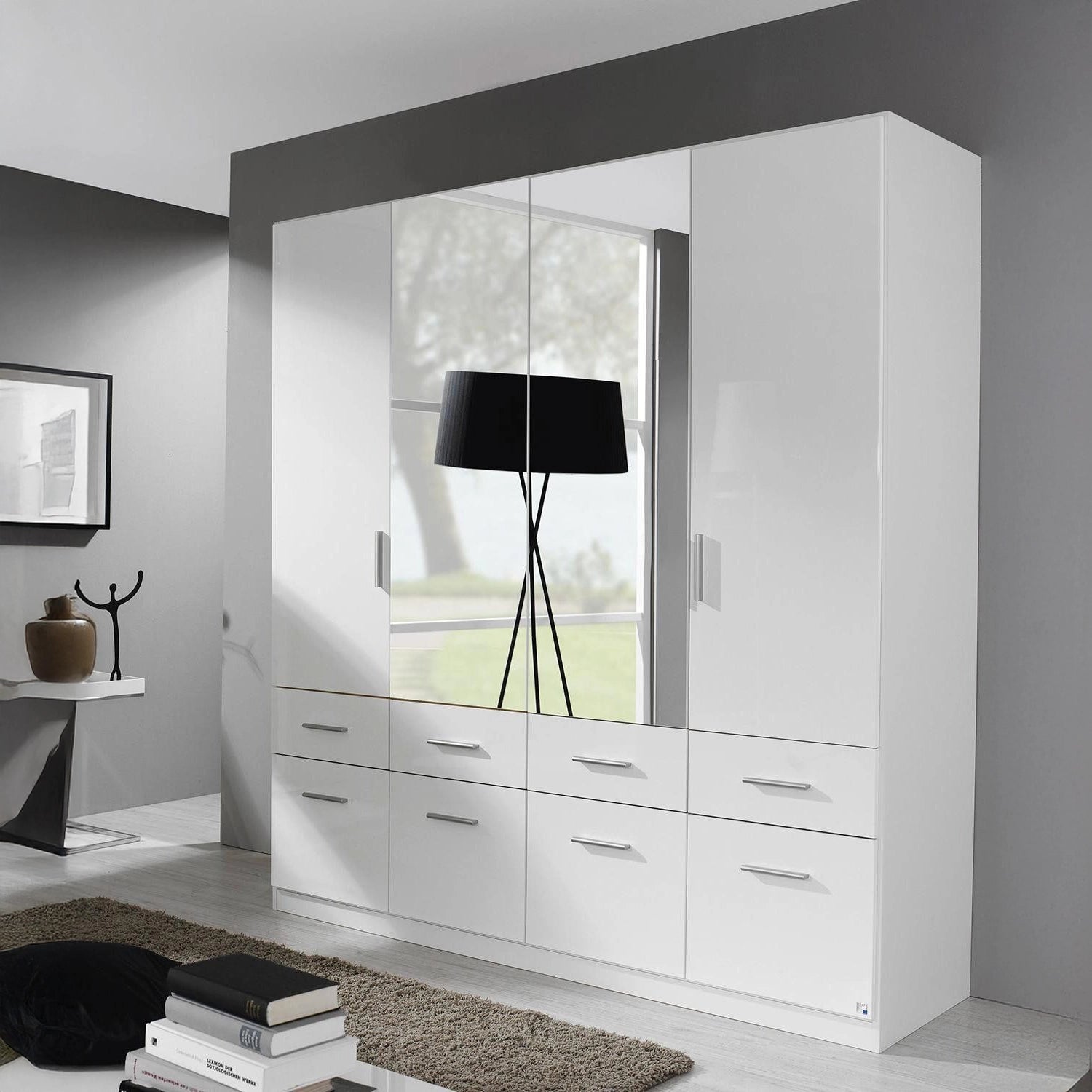 Rauch Cello 4 Doors & 8 Drawers White High Gloss Wardrobe - W181 CM with Mirror - Styled in a Bedroom