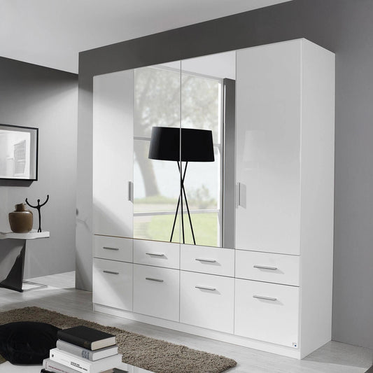 Rauch Cello 4 Doors & 8 Drawers White High Gloss Wardrobe - W181 CM with Mirror - Styled in a Bedroom